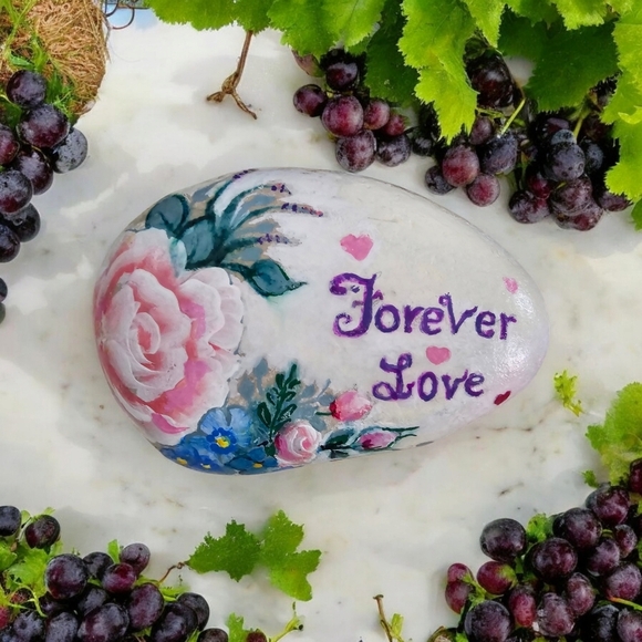 Painted LOVE river rock with rosy- peach roses, blue accent flowers, and hearts - Picture 8 of 17